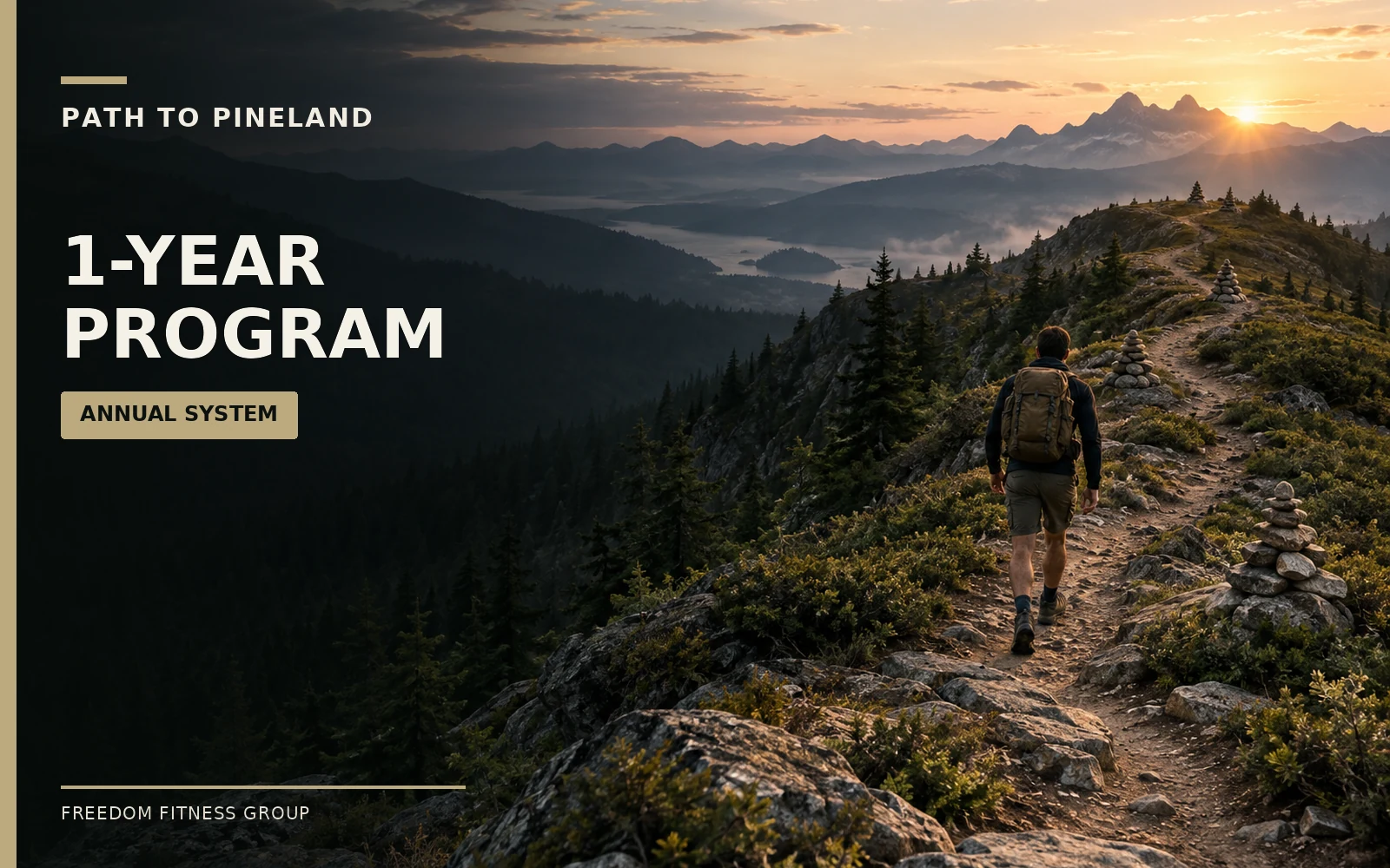 1-Year Program — an athlete carries a backpack along a mountain ridge trail.