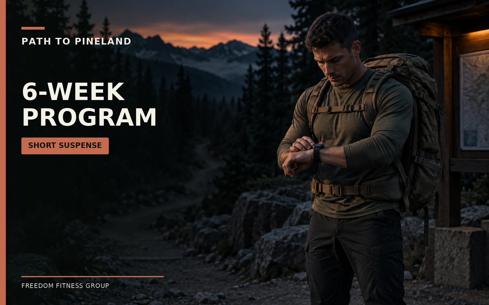 6-Week Program — an athlete wearing a loaded backpack checks a wristwatch before a trail session.