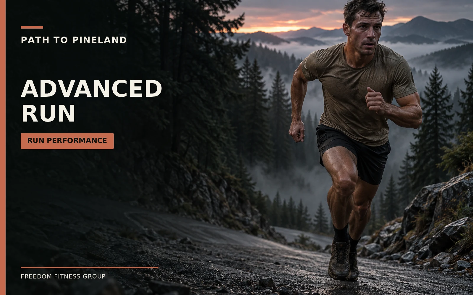 Advanced Run — an athlete runs uphill on a forest road.